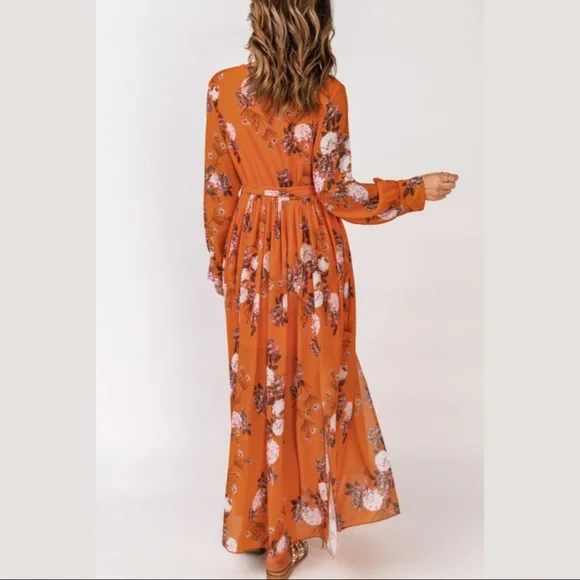 Orange Floral, V-Neck Maxi Dress - Picture 5 of 14